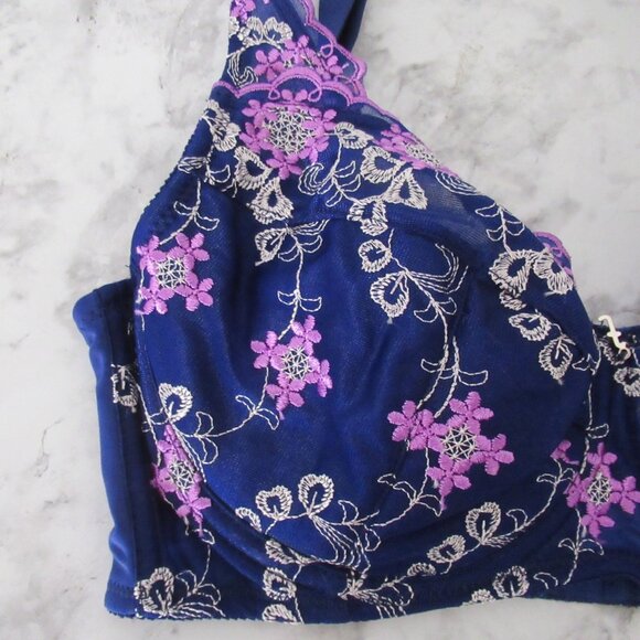 Fredericks of Hollywood Bra 34DD Blue Lace Embroidered Underwire Back Closure - Picture 2 of 8